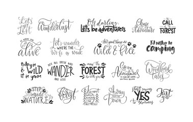 Set of adventure, outdoors and travel vector quotes. Nature and forest calligraphy collection.