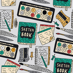 Writting accessories vector seamless pattern. Doodle color drawing supplies for school and art with pen, pencil, ink, paintbrush, sketchbook, and others.