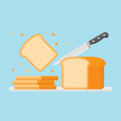Slicing toast bread with knife isolated on blue background. Flat style vector illustration.