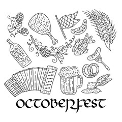 Octoberfest beer festival doodle hand drawn set. Vector illustration. Octoberfest festival icons.