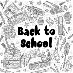 Back to school vector card. Drawing supplies for school and office with pen, pencil, ink, paintbrush, glue, school bag and others.