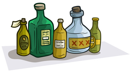 Cartoon colorful different glass bottles