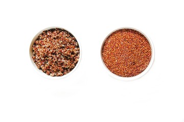 Cooked and Uncooked Raw Quinoa in a bowl isolated on white