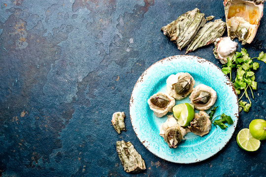 SEAFOOD PICOROCO. Prepared picoroco, Austromegabalanus psittacus, the giant barnacle or picoroco. Chilean and peruvian cost seafood.