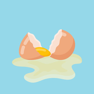 Cracked egg with shell and yolk isolated on blue background. Vector illustration.