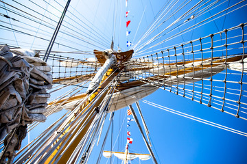 Old sailing ship mast. Old ship vessel