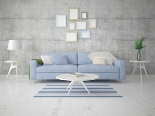 Mock up a bright living room with a light comfortable sofa and stylish frames.
