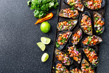 PERUVIAN FOOD. Choros a la chalaca. Big mussels, choros zapatos seasoned with purple onion,...
