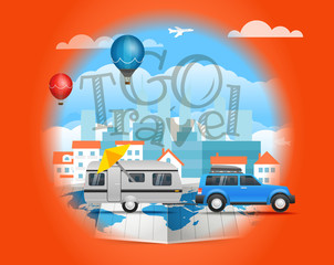 Go travel concept with the car. Vector infographic elements