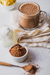 BULLETPROOF CACAO. Ketogenic keto diet hot drink. Cacao blended with coconut oil and butter. Cup of...