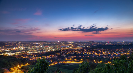 Red and Purple Sunset Over City of Stuttgart Germany on Summer Evening