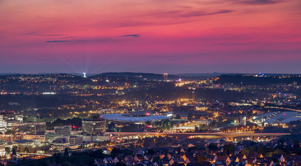 Fototapeta na wymiar Red and Purple Sunset Over City of Stuttgart Germany on Summer Evening