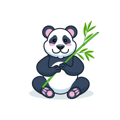 Cute cartoon giant panda is sitting on the ground, with branch of bamboo leaves in hand. Vector Illustration.
