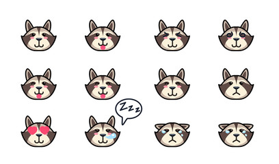 Set of cute cartoon racoons with various emotions. Vector illustration