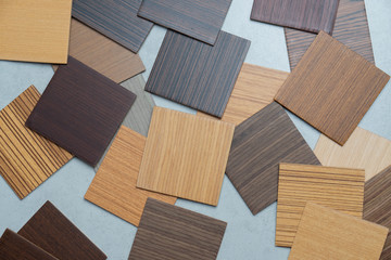 samples of material, wood , on concrete table.Interior design select material for idea.