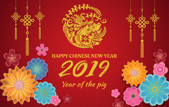 Happy chinese new year 2019 with gold pig zodiac sign paper cut art and craft style
