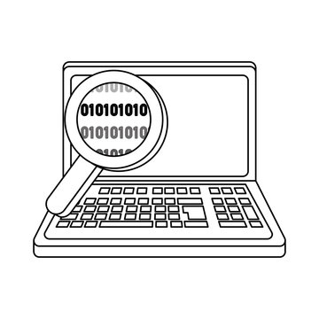 outline laptop technology with magnifying glass and data code