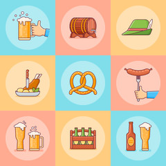 Set of Oktoberfest flat line icons. Beer festival elements. Vector illustration.