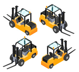 Yellow forklift isolated on white background. All isometric views and profile empty. Vector illustration.
