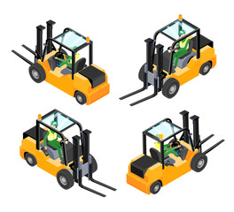 Isometric yellow forklift isolated on white background. All isometric views and profile with driver. Vector illustration.