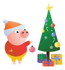 Cute piggy decorates the Christmas tree with balls. Vector illustration. Isolated on transparent background. Excellent for the design of postcards, posters, stickers and so on.