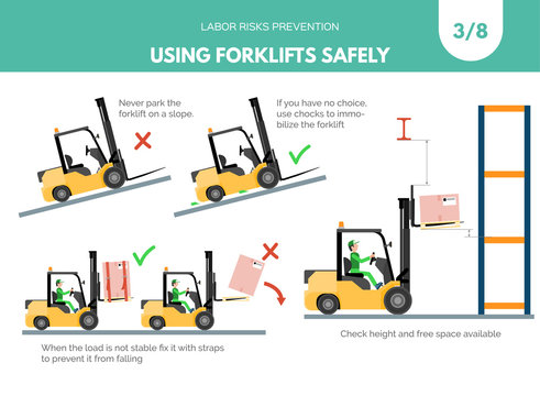 Recomendatios about using forklifts safely. Labor risks prevention concept. Isometric design isolated on white background. Vector illustration. Set 3 of 8