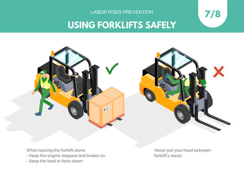 Recomendatios about using forklifts safely. Labor risks prevention concept. Isometric design isolated on white background. Vector illustration. Set 7 of 8