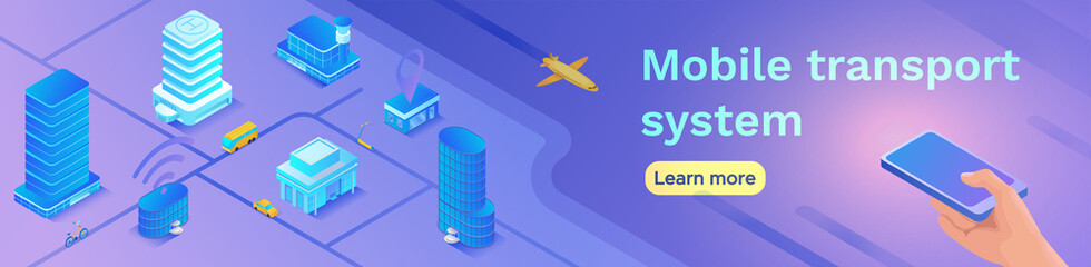 Mobile transportation online service banner template, travel booking app concept with 3d isometric vector flat icons of smartphone, airplane, bus, electric scooter, intelligent building, skyscraper