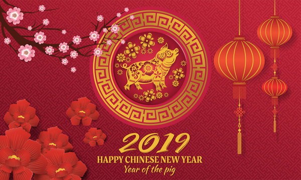 Happy chinese new year 2019 with gold pig zodiac sign paper cut art and craft style