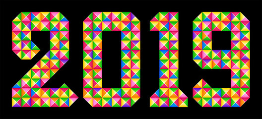 Merry Christmas and Happy new year. Geometric colorful mosaic numbers 2019.