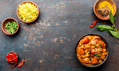 INDIAN FOOD. ROGAN JOSH curry sauce. Pork rogan josh with rice