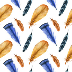 Watercolor fashion seamless pattern with feathers. fabric background