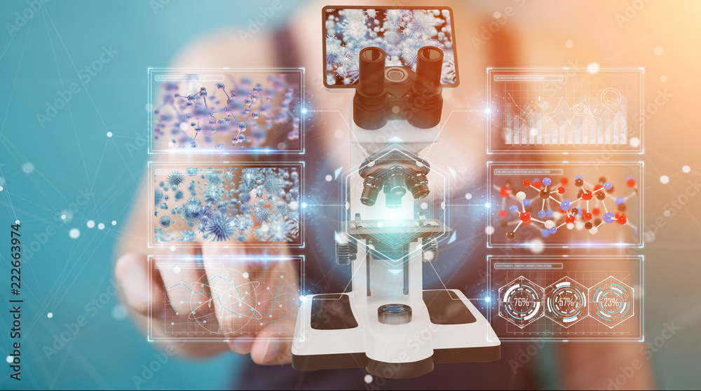Aufkleber businesswoman using modern microscope with digital analysis 3d rendering