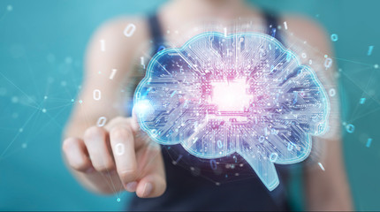 Businesswoman creating artificial intelligence in a digital brain 3D rendering