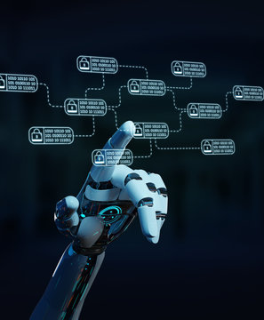 White robot on blurred background hacking and accessing private cyber datas