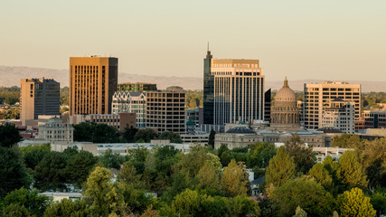 Skyline of Boise in the early morning light painting the buildings