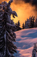 Winter sunset on Grouse Mountain with fog