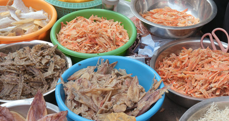 Traditional fish market stall selling dry seafood in Tai O fishing village