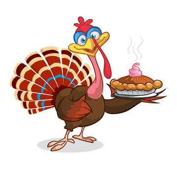 Cartoon turkey character with a pie. Thanksgiving clipart