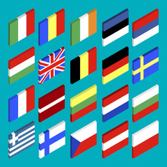 Flags of different countries isometry vector illustration.