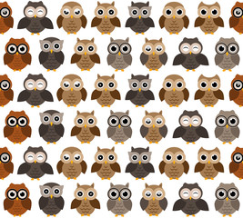 Owls pattern. Different owls characters, seamless pattern.