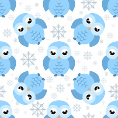 Winter owls seamless pattern. Owls with snowflakes and sparkles.