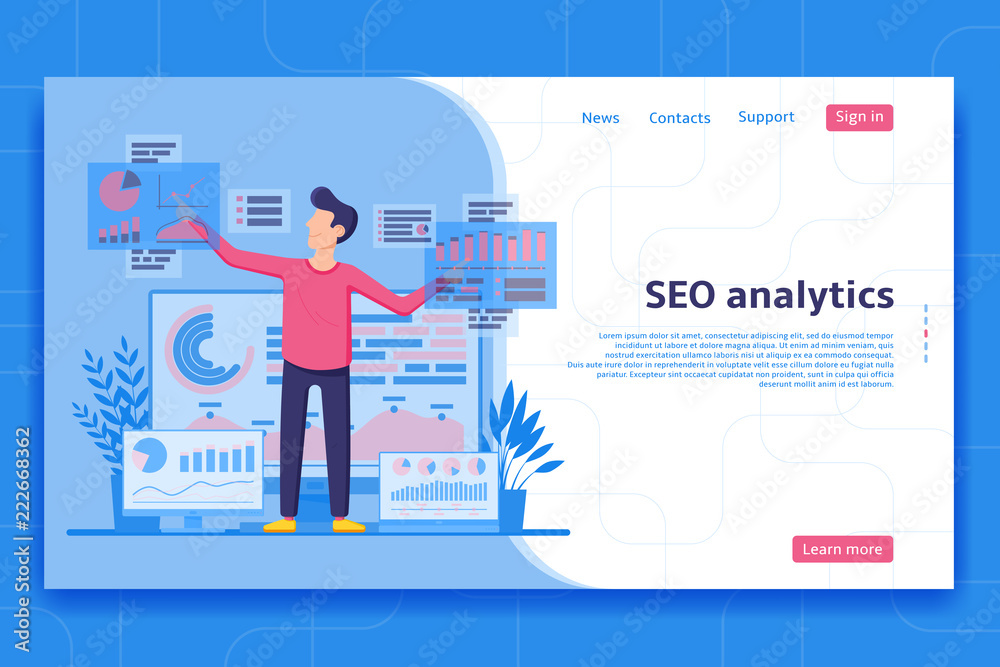 Wall mural seo analytics landing page. search engine optimization analysis concept. it specialist works with an