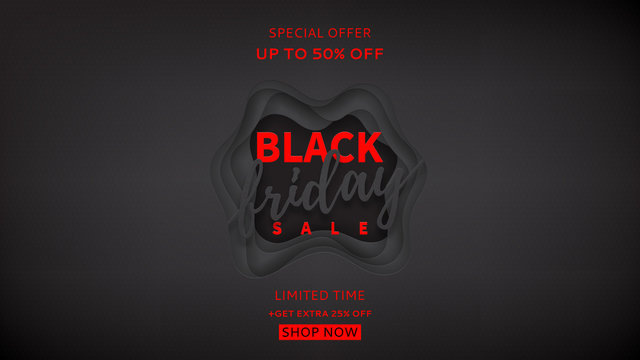 Black banner for Black Friday sale. Paper art concept for seasonal discount offer. Vector illustration with 3d paper art style.