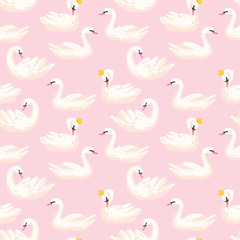 Beautiful Seamless Pattern with white Swans in crowns, use for Baby Background, Textile Prints, Covers, Wallpaper, Posters. Vector Illustration