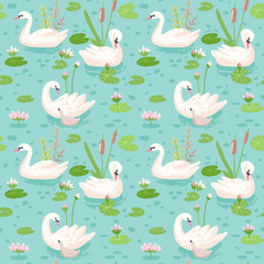 Obraz premium Beautiful Seamless Pattern with white Swans, use for Baby Background, Textile Prints, Covers, Wallpaper, Posters. Vector Illustration