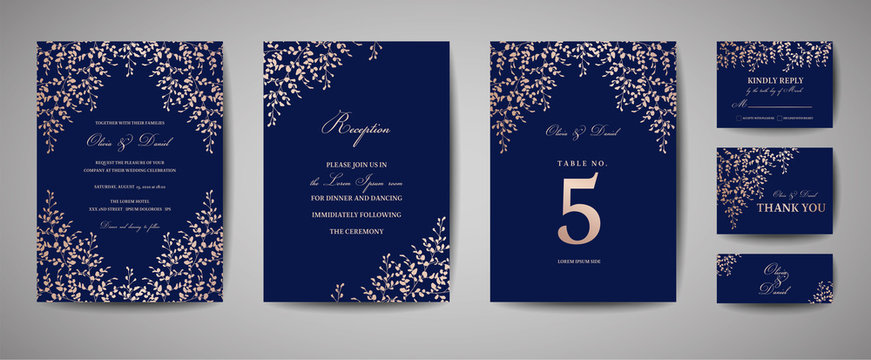 Luxury Wedding Save the Date, Invitation Navy Cards Collection with Gold Foil Leaves and Wreath. Vector trendy cover, graphic poster, geometric floral brochure, design template