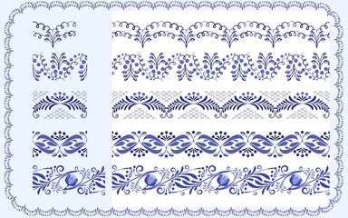 Obraz premium Seamless borders set of ethnic classical floral mural. Blue ribbon ornament isolated on white.