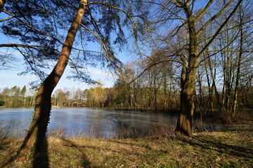 Sonniger See im Winter mit blauen Himmel und Wolken, Wintry lake with blue sky and clouds