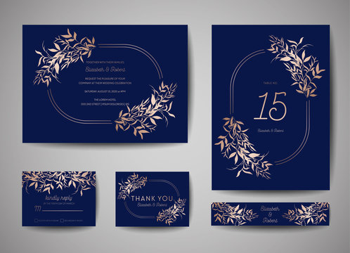 Luxury Wedding Save the Date, Invitation Navy Cards Collection with Gold Foil Leaves and Wreath. Vector trendy cover, graphic poster, geometric floral brochure, design template